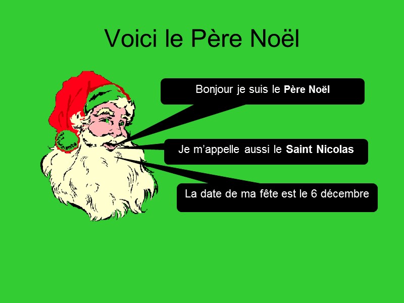 Voici le Père Noël La date de ma fête est le 6 décembre Je